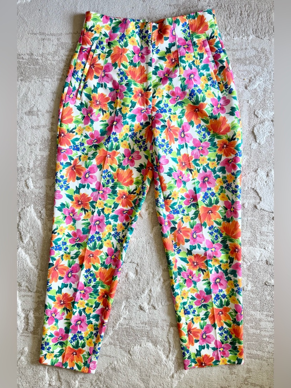 Zara Bright Floral Ankle Tapered Pants Multicolor Flowers on White With Foliage